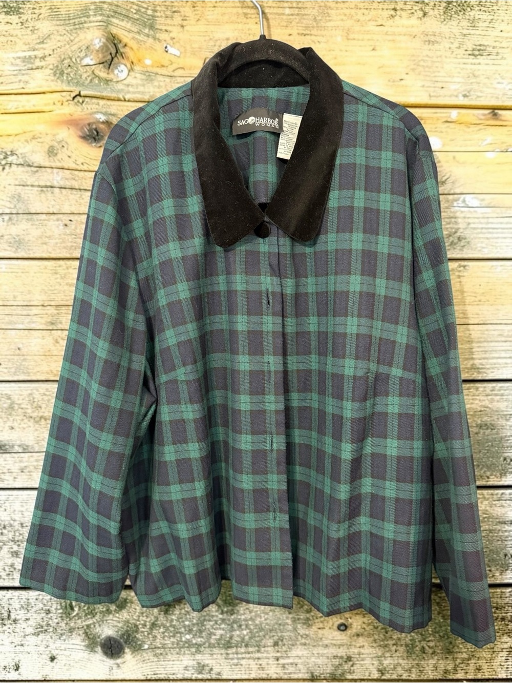 Sag Harbor Woman Plaid Blazer Jacket 24W Black Watch Velvet Collar Plus